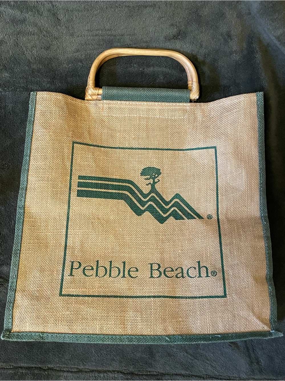 Pebble Beach Jute Tote Bag with Wooden Handles - Natural & Forest Green